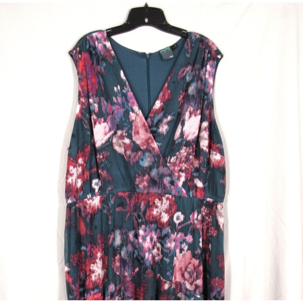 GABBY SKYE Dark Green FLORAL Lined CHIFFON Surplice HIGH-LOW Blouson Dress Sz 22